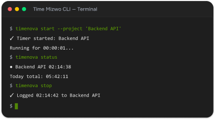TimeMizwo command-line interface in a Linux terminal