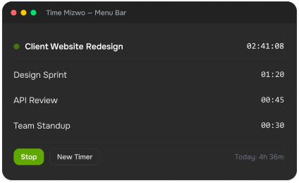 TimeMizwo menu bar showing active and recent timers